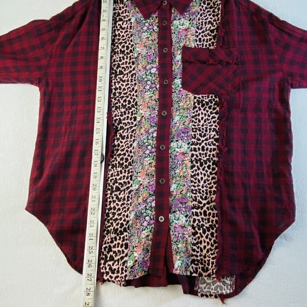 Oddy Womens Small Red Plaid Floral Animal Print Blouse - Picture 12 of 12